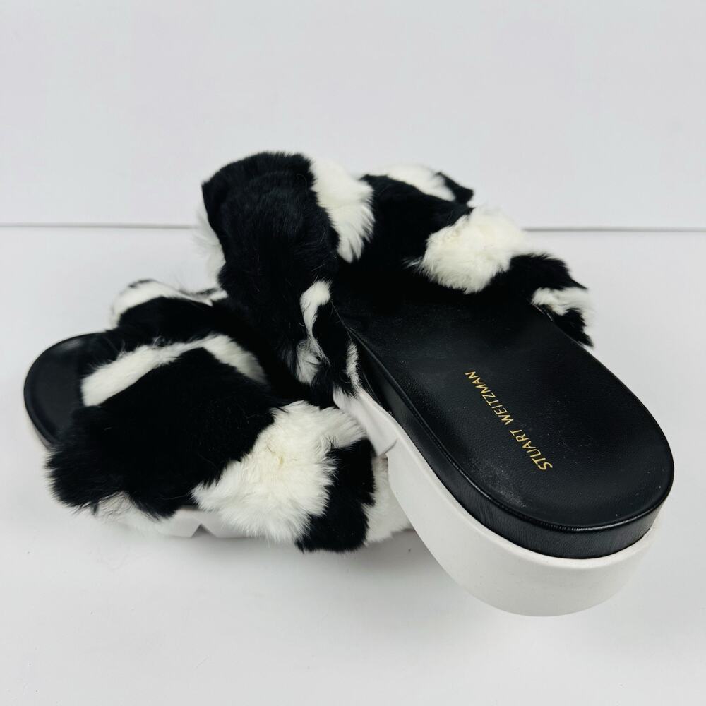 Stuart Weitzman Sublime Sandal Black White Rex Rabbit Fur Size 38 US 7.5 M NIB - Picture 2 of 6